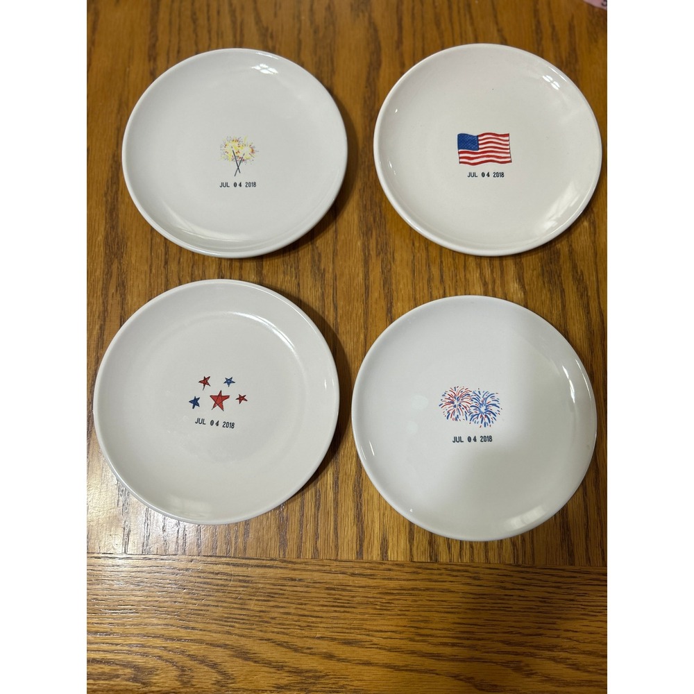 Rae Dunn July 4 2018 Appetizer Plates Set of 4 Patriotic Flag Stars Fireworks